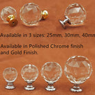 Clear Crystal Cabinet Knobs – Chrome & Gold Base Glass Drawer Pulls in 20mm 25mm 30mm 40mm Knob