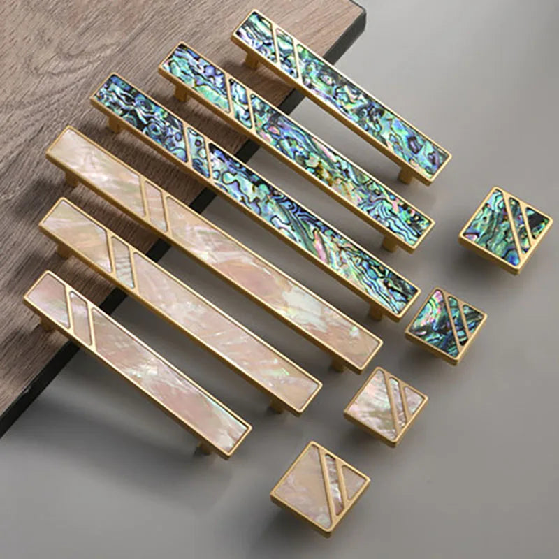 Brass Furniture Handle with Natural Shell – Modern Wardrobe Drawer and Dresser Knobs Handles