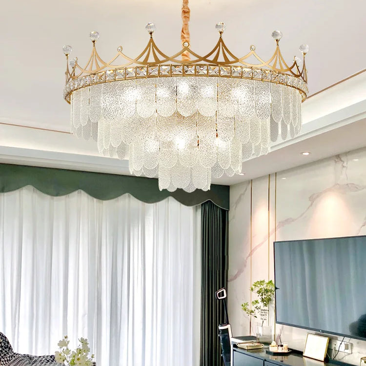 Elegant Modern Minimalist Crown K9 Crystal Chandelier - A Round Golden Fixture For Living Rooms And