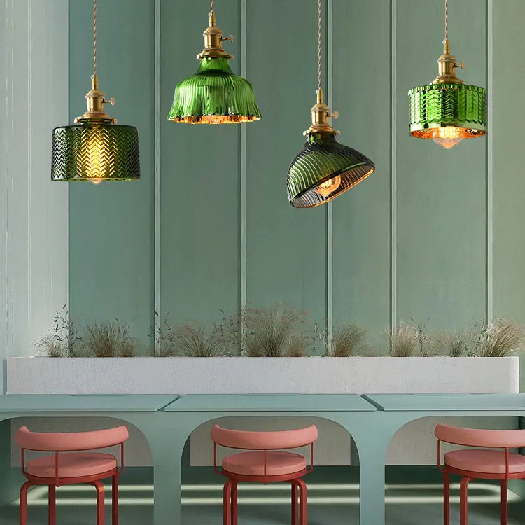 Vintage Brass Green Glass Pendant Light - Illuminate Your Dining Room Bar Or Bedroom With