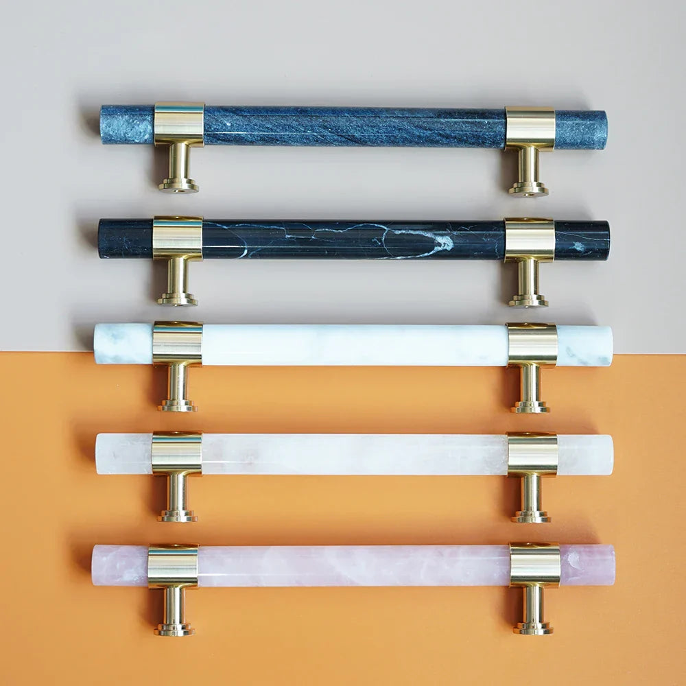 Natural Marble and Crystal T-Bar Cabinet Handles – Modern Brass Knobs for Kitchen Dresser and Furniture Pulls Handles