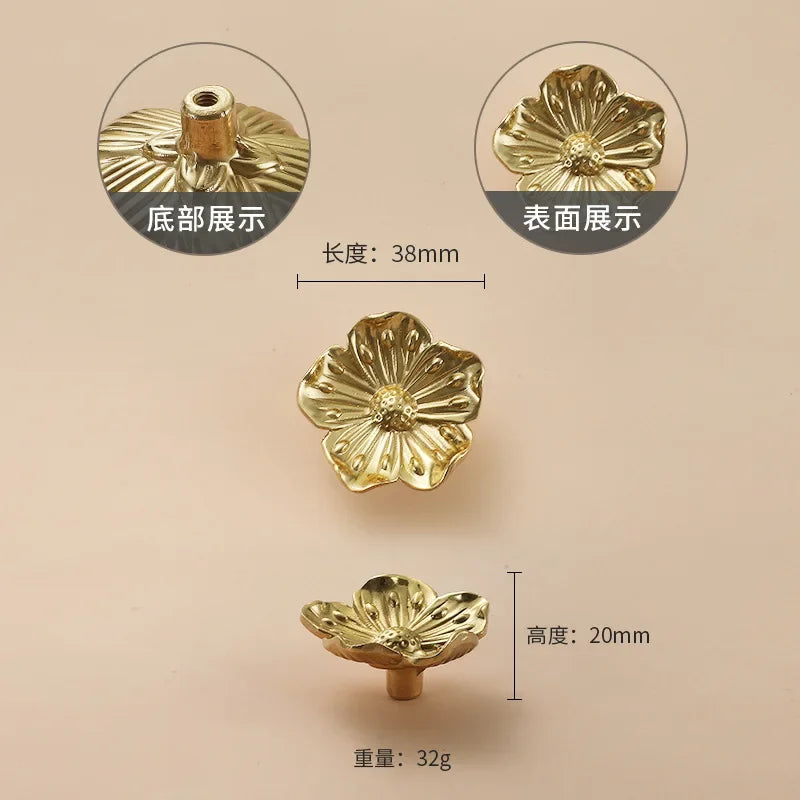 Luxury Brass Flower and Leaf Cabinet Handles – Chinese-Style Decorative Pulls for Wardrobes and Drawers 1 / 1 piece