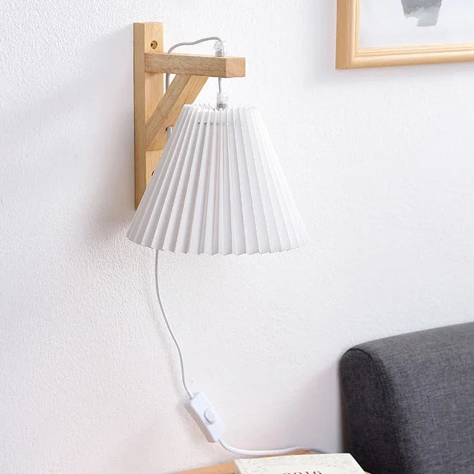 Nordic Pleated Solid Wood Wall Lamp With Plug - Simple And Stylish Lighting For Bedroom Bedside