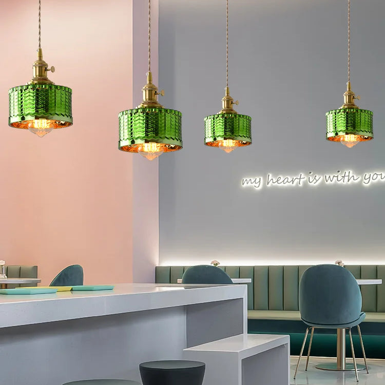 Vintage Brass Green Glass Pendant Light - Illuminate Your Dining Room Bar Or Bedroom With
