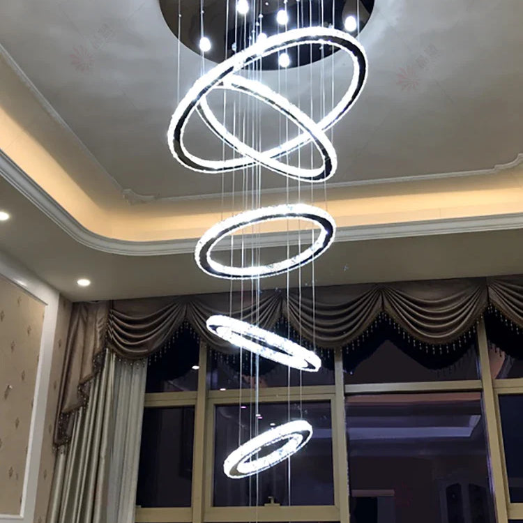 Modern Luxury Crystal Staircase Chandelier - Rings Design For Loft Villa And Lobby Indoor Lighting