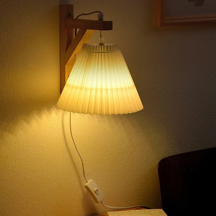 Nordic Pleated Solid Wood Wall Lamp With Plug - Simple And Stylish Lighting For Bedroom Bedside