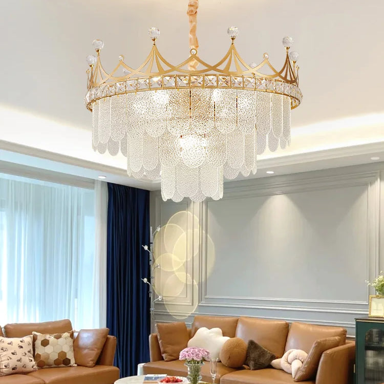 Elegant Modern Minimalist Crown K9 Crystal Chandelier - A Round Golden Fixture For Living Rooms And