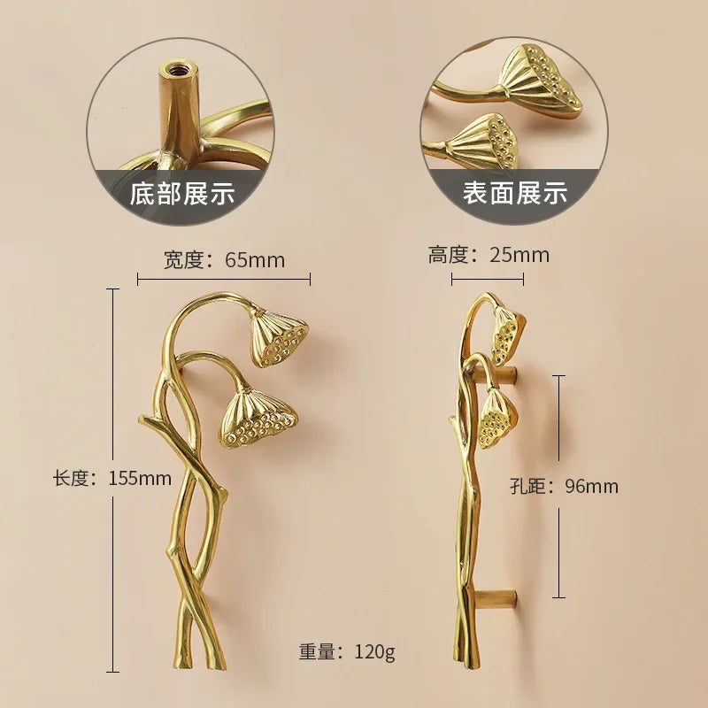 Luxury Brass Flower and Leaf Cabinet Handles – Chinese-Style Decorative Pulls for Wardrobes and Drawers 14-to right / 1