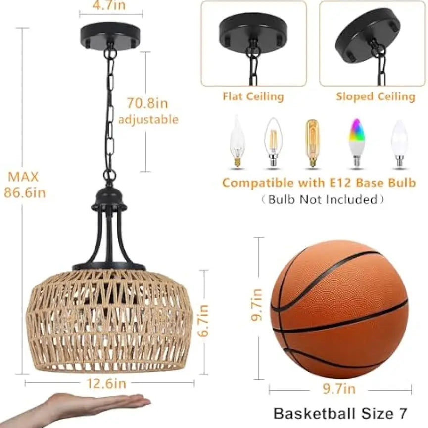 Boho Rattan Farmhouse Chandelier - 3 - Light Ceiling Fixture With Exquisite Woven Lampshade For