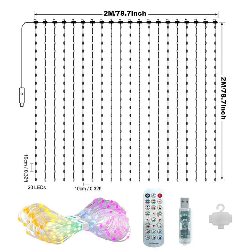 APP Controlled 16 Million Colors RGB LED Curtain Lights Holiday Party Decoration 2x2m-400LED holiday lighting