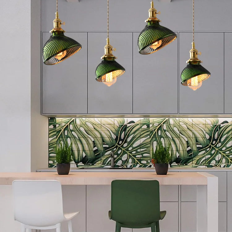 Vintage Brass Green Glass Pendant Light - Illuminate Your Dining Room Bar Or Bedroom With