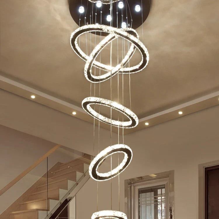 Modern Luxury Crystal Staircase Chandelier - Rings Design For Loft Villa And Lobby Indoor Lighting