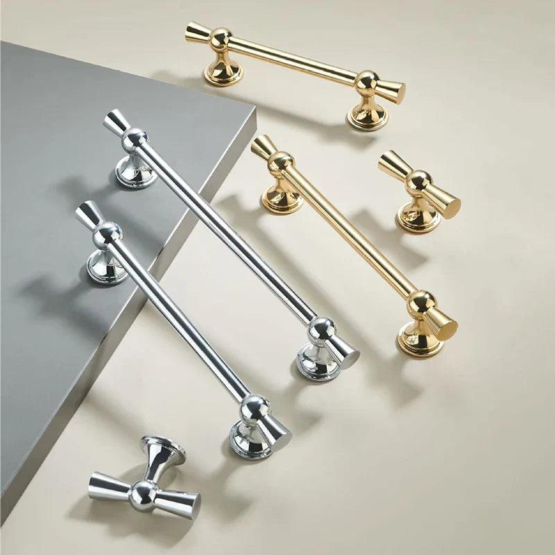 Polished Gold and Silver T-Bar Cabinet Handles – Modern Drawer and Wardrobe Pulls (55mm-220mm) Handles