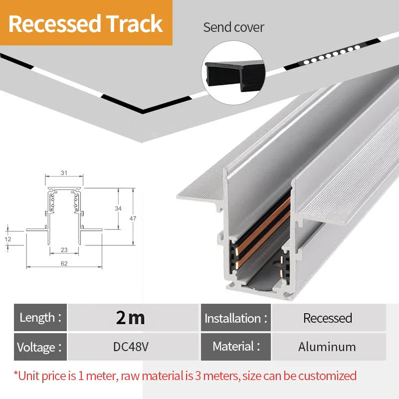 2 Meter White LED Magnetic Track Lighting System Accessories - Ceiling Recessed Magnet Rail Lamp Kit 2M recessed rail A
