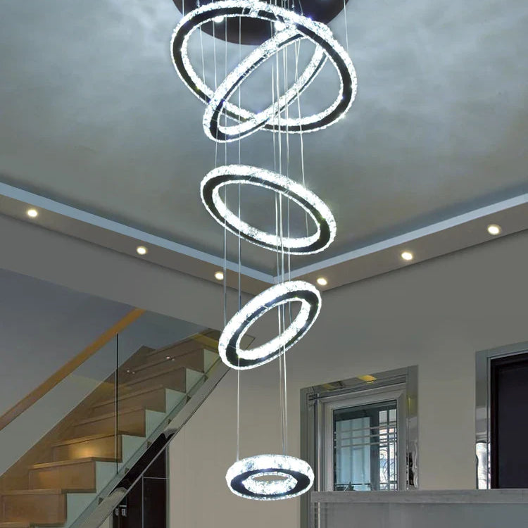 Modern Luxury Crystal Staircase Chandelier - Rings Design For Loft Villa And Lobby Indoor Lighting