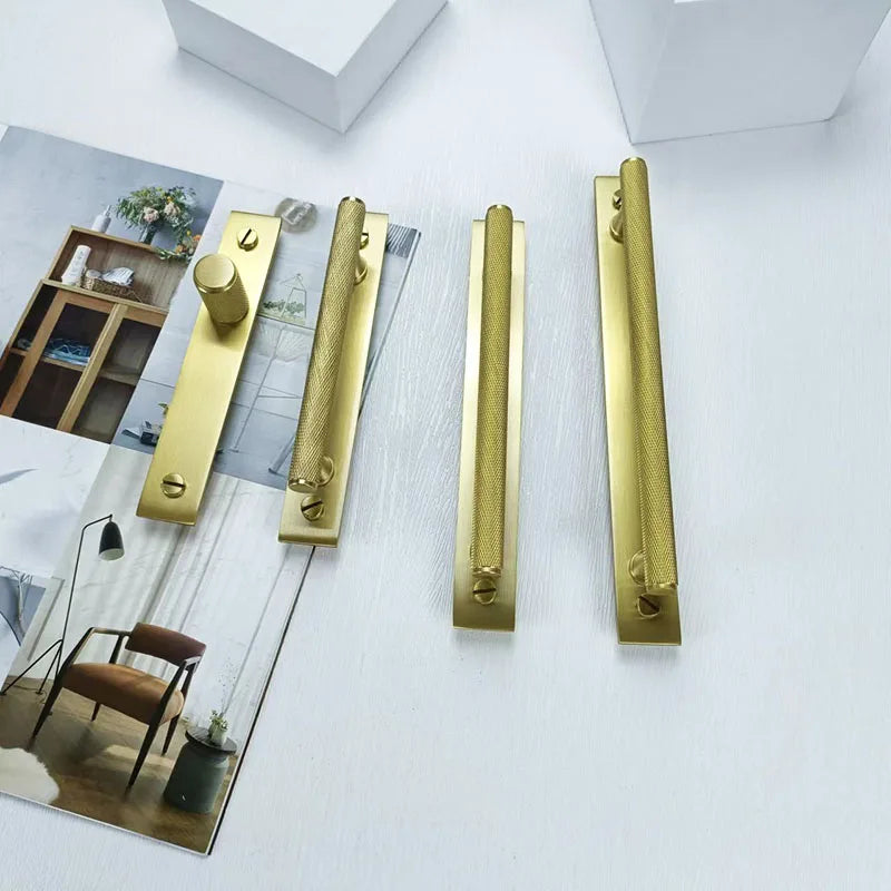 Gold Brass Handle with Plate – Knurled Cabinet Knobs and Modern Furniture Pulls Handles
