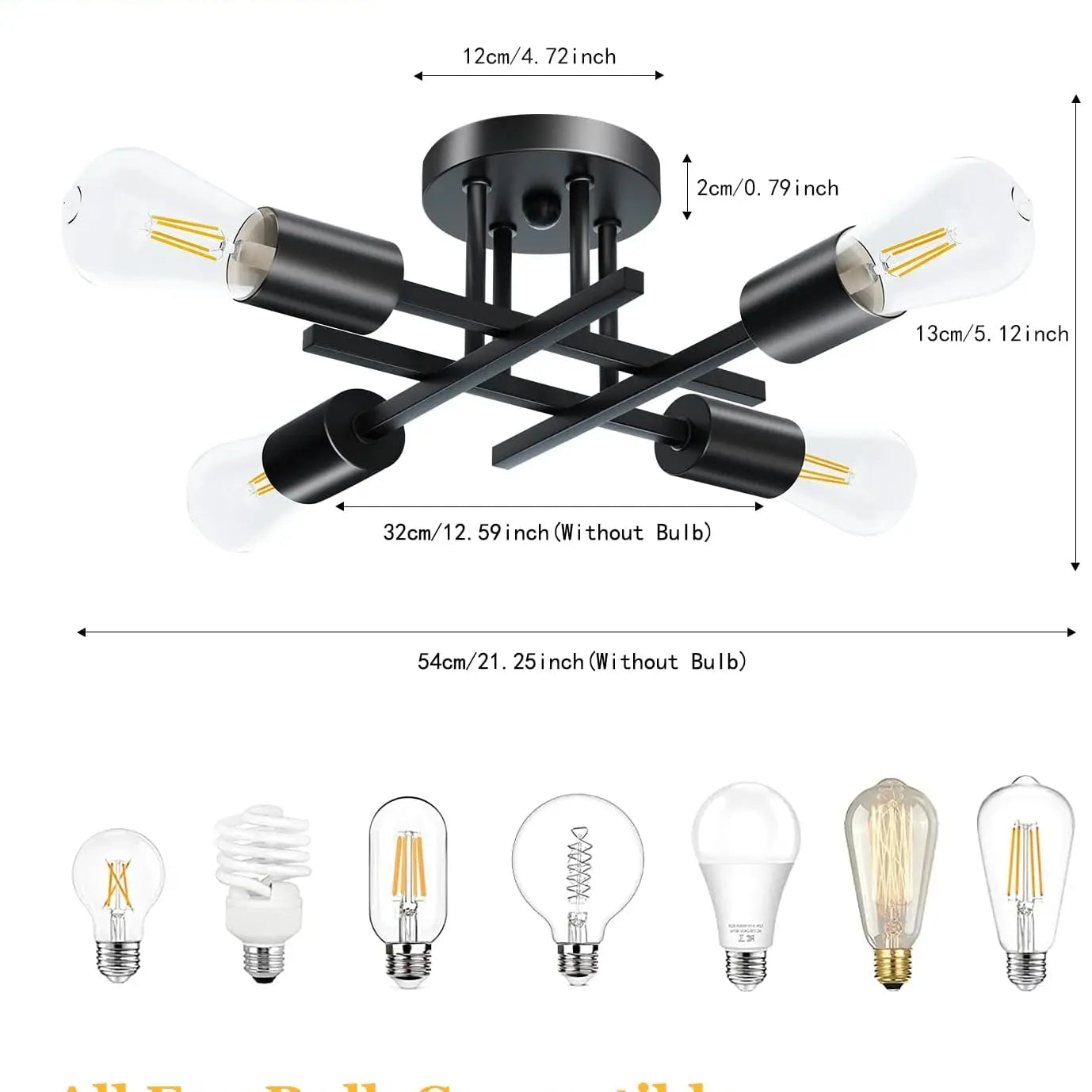 Sputnik Semi Flush Mount Chandelier - Contemporary Mid - Century Black Ceiling Light Fixture