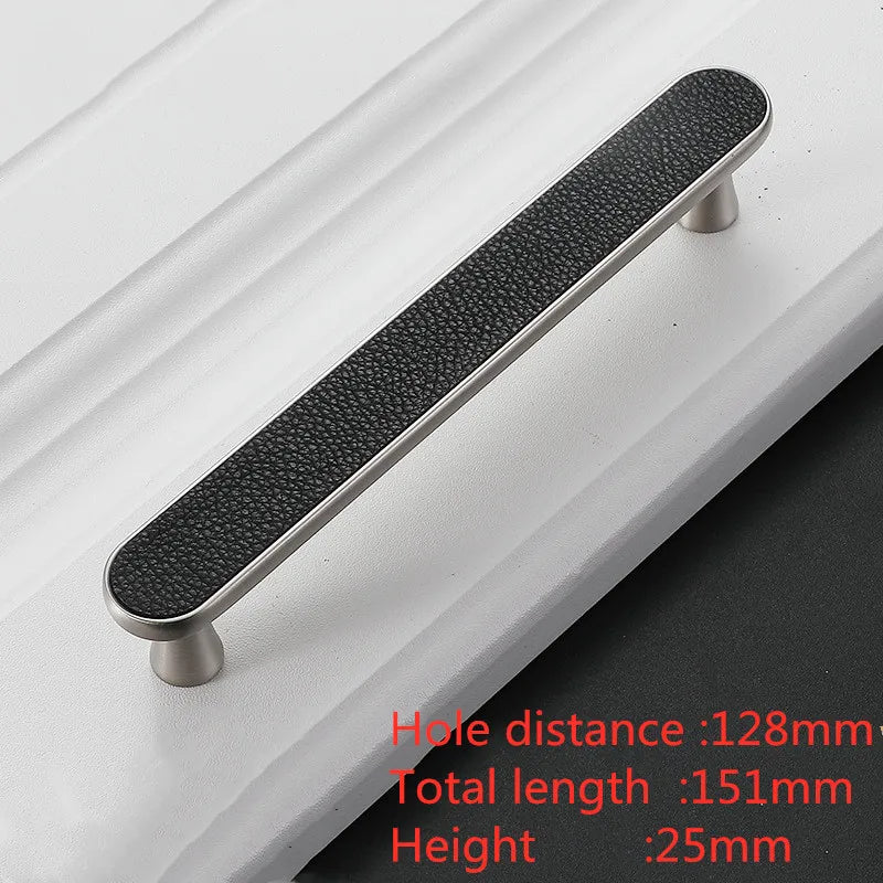 Modern Leather and Zinc Alloy Cabinet Handle – Elegant Drawer Pulls for Kitchen Wardrobe and Furniture (96mm) black