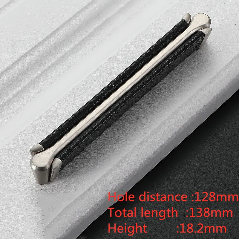 Modern Leather and Zinc Alloy Cabinet Handle – Elegant Drawer Pulls for Kitchen Wardrobe and Furniture (96mm) black