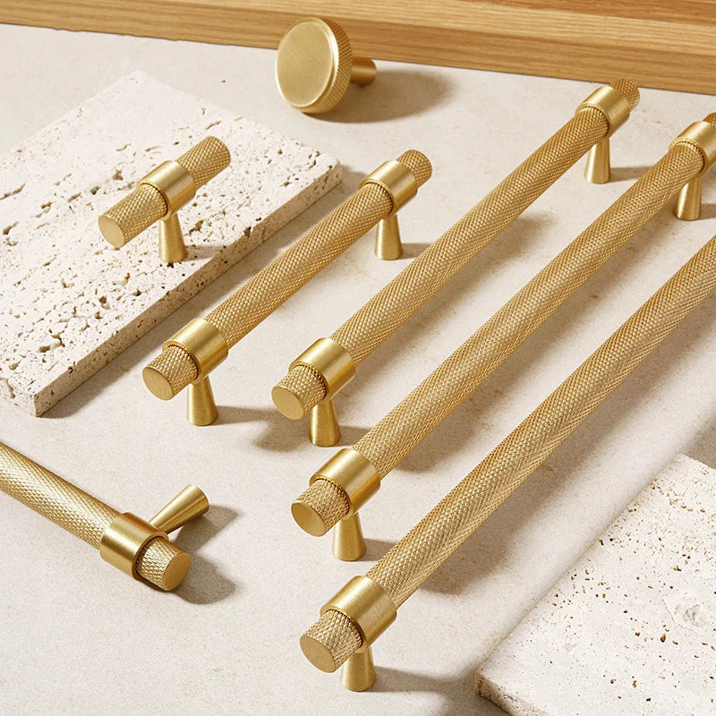 Solid Brass Knurled Furniture Handles – Textured Cabinet Knobs and Wardrobe Pull Bars Handles