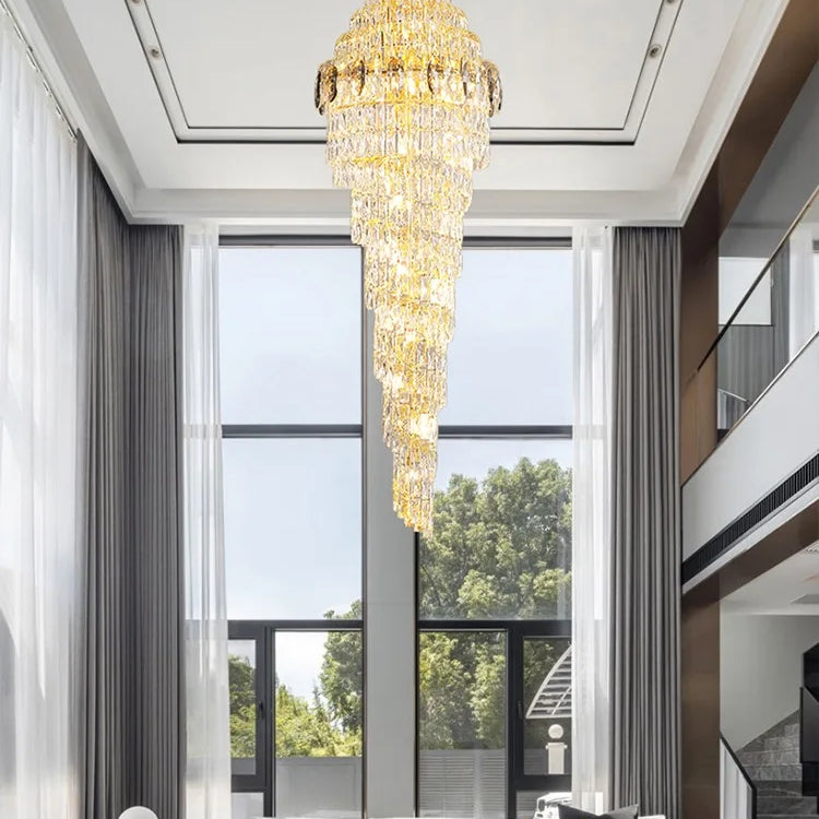 Modern Luxury Staircase Chandelier - Golden Elegance With Crystal Accents For Duplex Buildings High