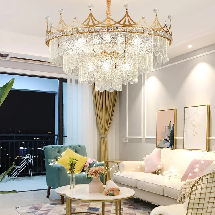 Elegant Modern Minimalist Crown K9 Crystal Chandelier - A Round Golden Fixture For Living Rooms And