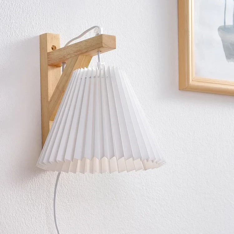 Nordic Pleated Solid Wood Wall Lamp With Plug - Simple And Stylish Lighting For Bedroom Bedside