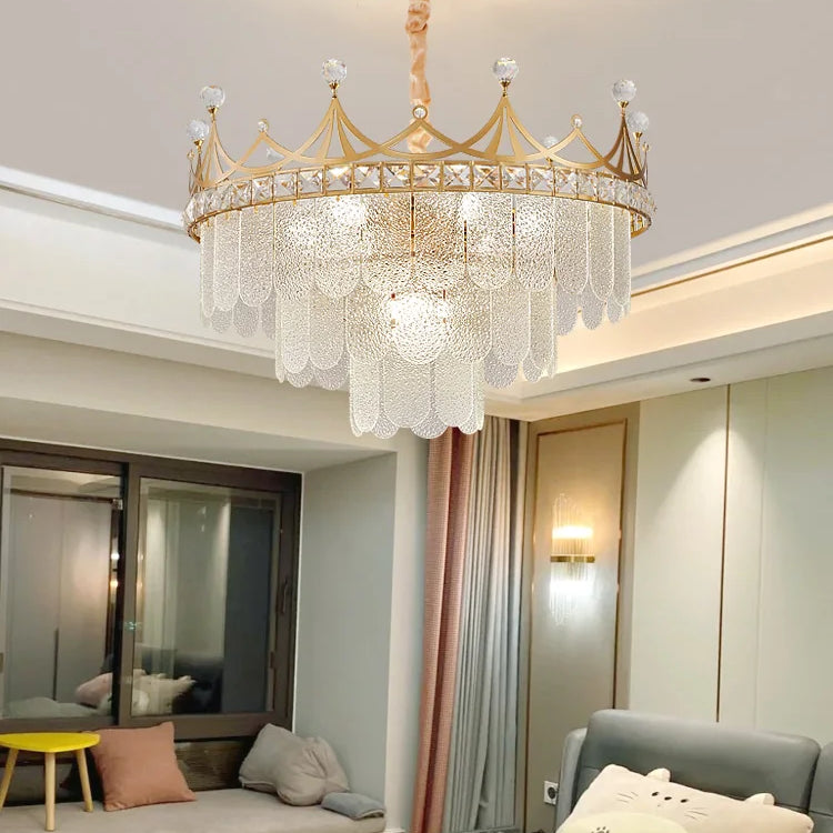 Elegant Modern Minimalist Crown K9 Crystal Chandelier - A Round Golden Fixture For Living Rooms And