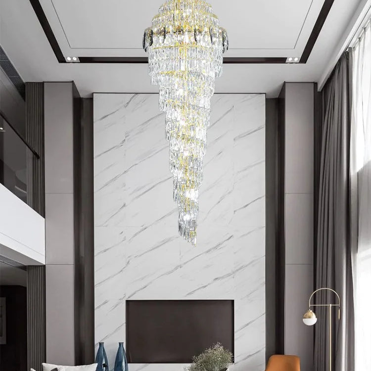 Modern Luxury Staircase Chandelier - Golden Elegance With Crystal Accents For Duplex Buildings High