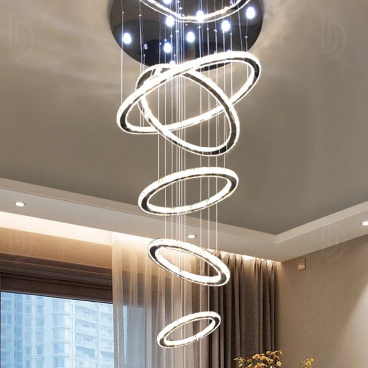 Modern Luxury Crystal Staircase Chandelier - Rings Design For Loft Villa And Lobby Indoor Lighting