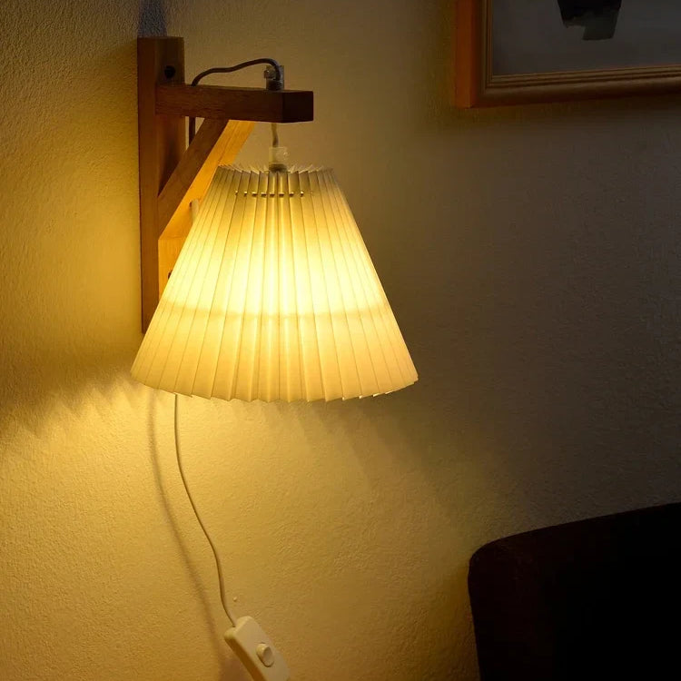 Nordic Pleated Solid Wood Wall Lamp With Plug - Simple And Stylish Lighting For Bedroom Bedside