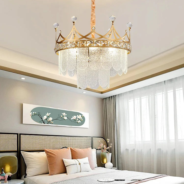 Elegant Modern Minimalist Crown K9 Crystal Chandelier - A Round Golden Fixture For Living Rooms And