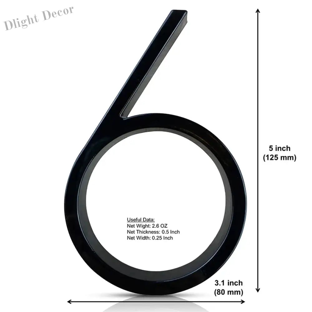 125mm 3D Black Zinc House Numbers – Arabic Numerals with Floating Doorplate Holder 6 / 125MM Brass Letters