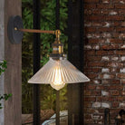 Industrial Elegance: Brass Cone Wall Sconce With Clear Ribbed Glass /