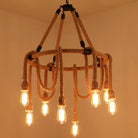 Embrace Exposed Bulb Elegance: The Antiqued Beige Hemp Rope Chandelier 8 / Pendant Lighting