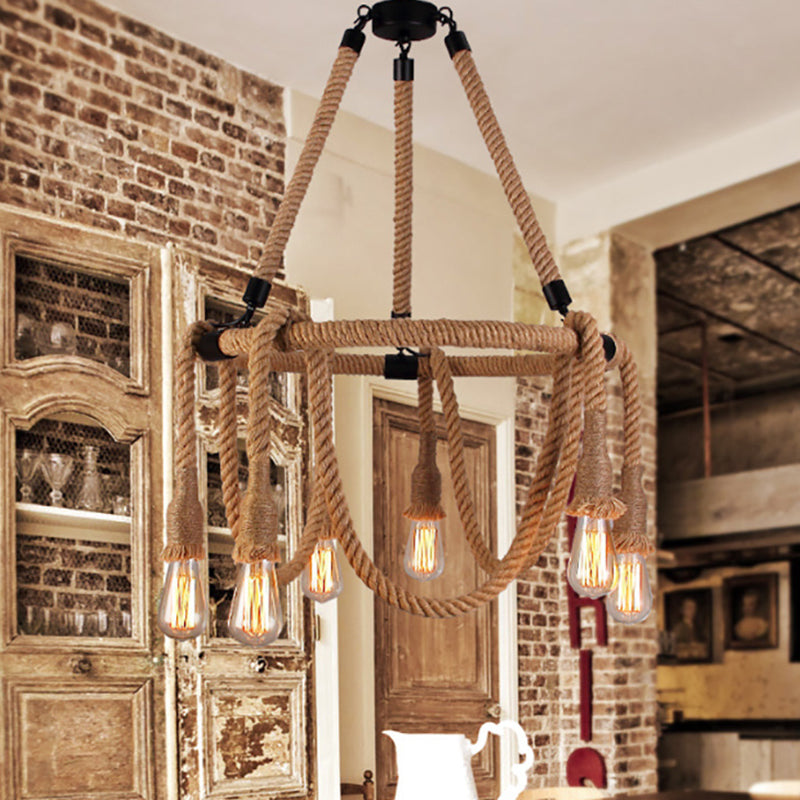 Embrace Exposed Bulb Elegance: The Antiqued Beige Hemp Rope Chandelier 6 / Pendant Lighting