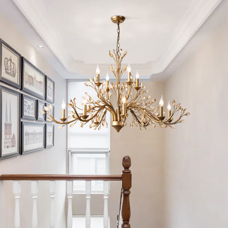 Gold Amber Crystal Branch Pendant Chandelier - Rustic Bedroom Suspension Lighting Chandelier