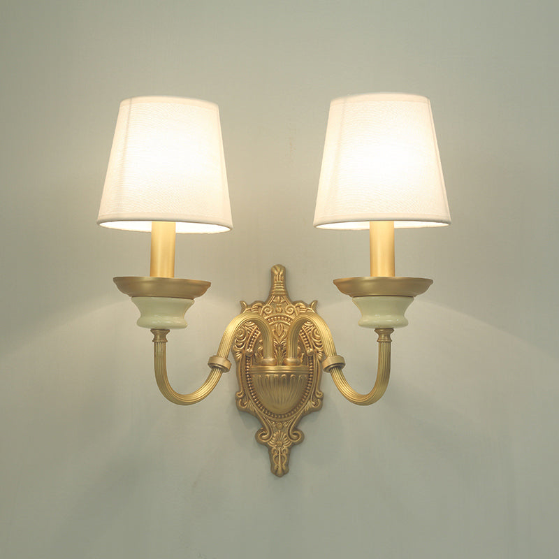 White And Brass Fabric Wall Mounted Light - Minimalist Tapered Sconce Wall Light