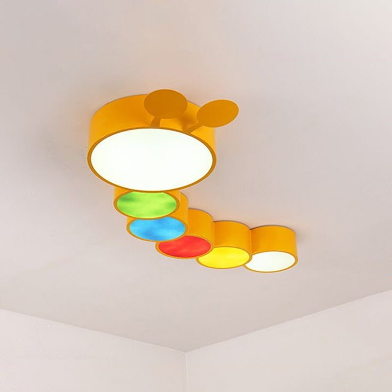 Olivia Yellow Metallic Cartoon Caterpillar Led Flush Mount Ceiling Light For Kindergarten / White