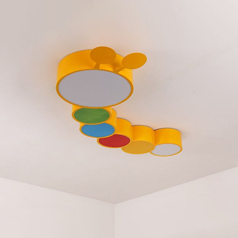 Olivia Yellow Metallic Cartoon Caterpillar Led Flush Mount Ceiling Light For Kindergarten