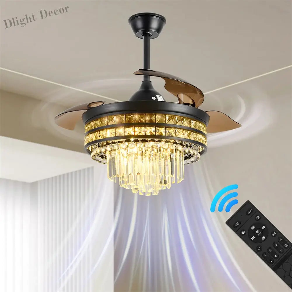 42 Inches Fandelier Ceiling Fan With Light Retractable Chandelier Invisible Blades Dimmable Crystal