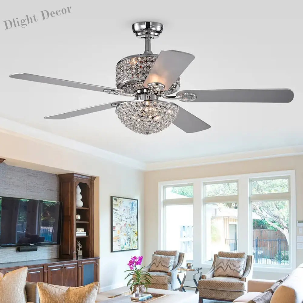 52 Inch Crystal Ceiling Fan With Lights Chrome Chandelier Remote Control Reversible Wood Blades For
