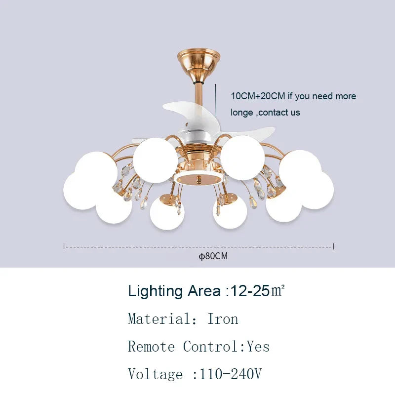 Nordic Living Room Fan Lamp Frequency Conversion Restaurant Ceiling Invisible Light Luxury Cystal