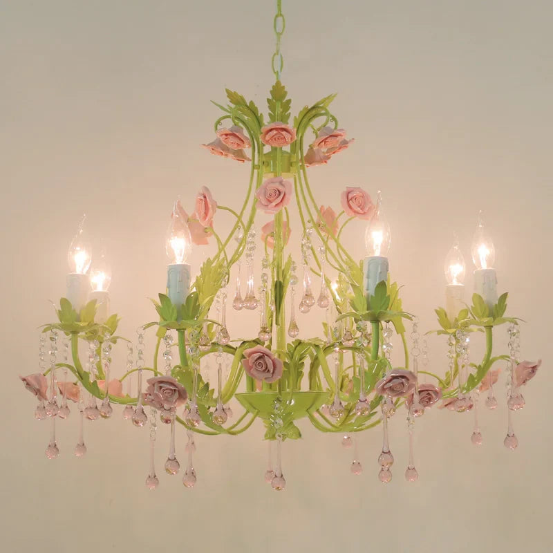 European Rose Flower Chandelier - Green Lustre Light In 6L/8L/12L Sizes E14 Decoration Fixture Pink