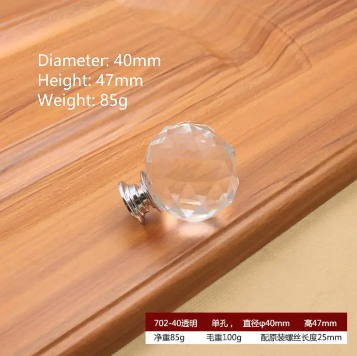 Round Cut Crystal Ball Knobs – Polished Chrome Cabinet Handles in 30mm 40mm 50mm (Clear Pink Blue Green Amber) 40mm