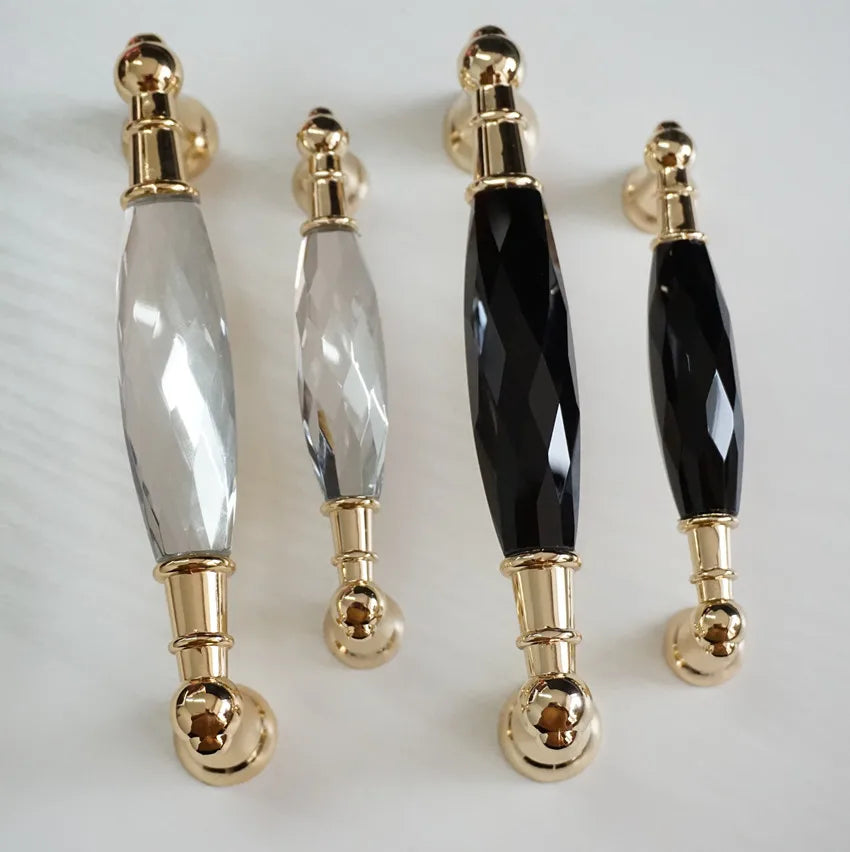 Modern Crystal Glass Drawer Handles – Gold and Black Cabinet Pulls for Dressers and Cupboards (96mm/128mm) Handles