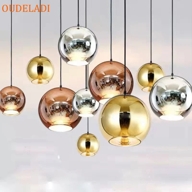 Vintage Loft Pendant Lights With Plated Copper Gold And Silver Accents - Glass Ball Hanging Lamp