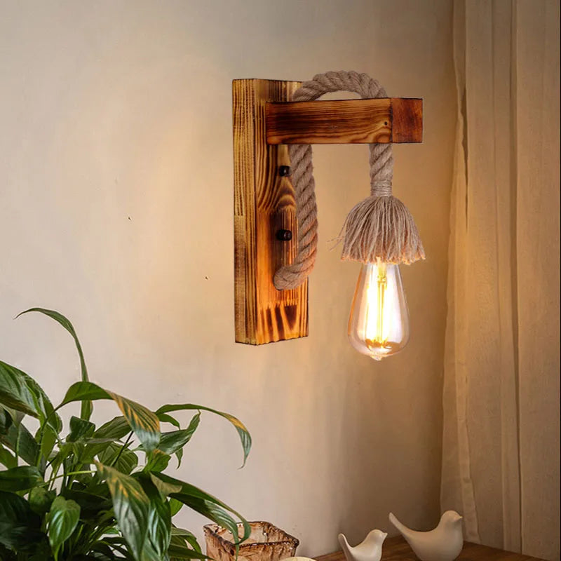 Retro Vintage Hemp Rope Wall Light - Wooden Lamp Ideal For Restaurants Kitchens Coffee Shops And