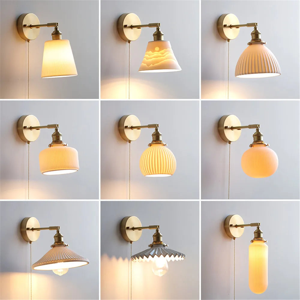 Nordic Home Decoration Bedside Ceramic Wall Light - Led Fixture With Pull Switch For Living Room