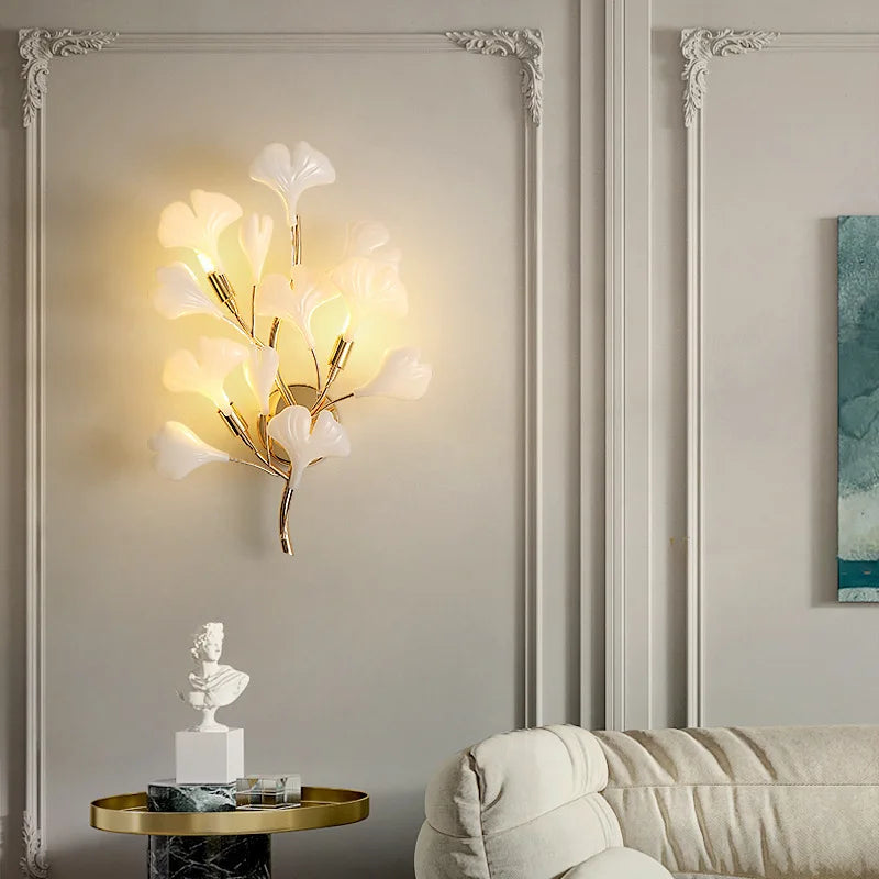 Romantic Flowers Foyer Led Wall Lamp - Ceramics And Leaf Artistic Sconce With Gold Metal Accents